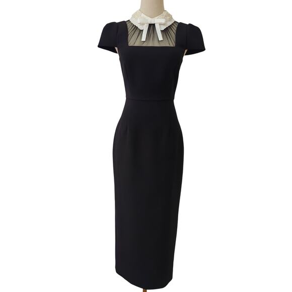 Self-Portrait Black Crepe Bow Collar Midi Dress US 4 - Picture 7 of 11